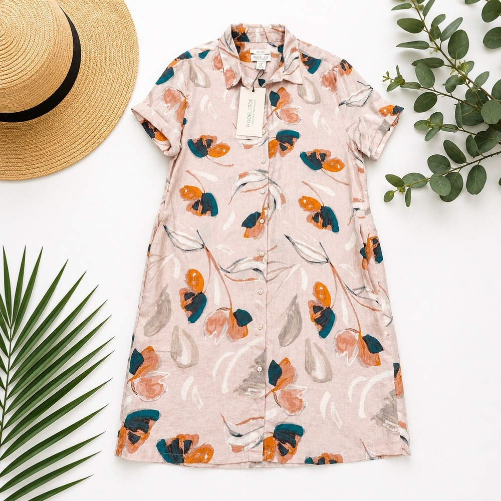 Rachel Zoe Linen Midi Shirt Dress Size M Pink Abstract Floral Pink Botanical NEW